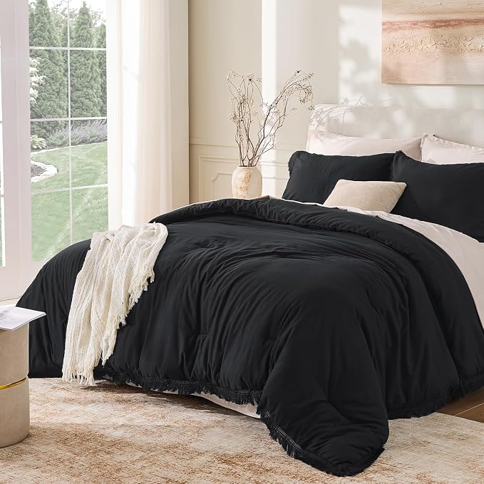 Andency Black Comforter Set Twin Size, 2 Pieces Boho Tassel Lightweight Bedding by Andency