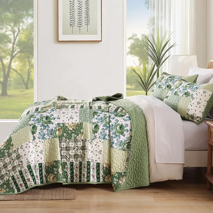 Anibedding Patchwork Quilt Set King Size Sage Green Floral Bedspread Coverlet - Image 3