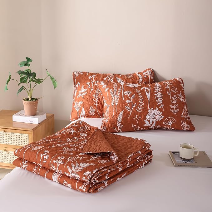 JANZAA Quilts Queen Size Floral Bed Spread Terracotta Quilts Queen Size - Image 9