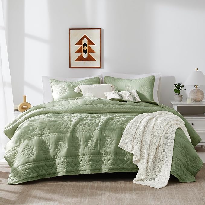 WDCOZY Boho Sage Green Quilts Queen Size Bedding Sets by WDCOZY
