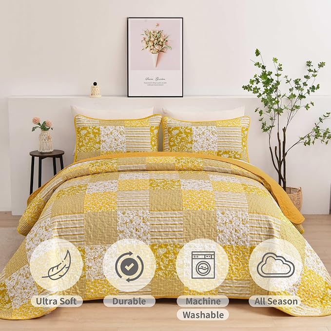 Mybedsoul Yellow Boho Quilt Set Queen Size, 3 Pieces Plaid Floral Bedspread - Image 4