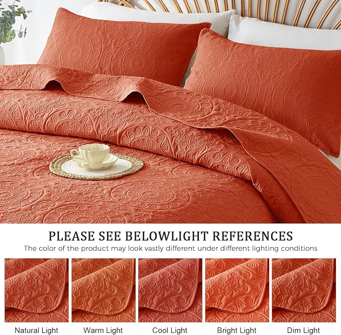 WURUIBO Burnt Orange Quilt Set King/Cal King Size, Embossing Microfiber - Image 6