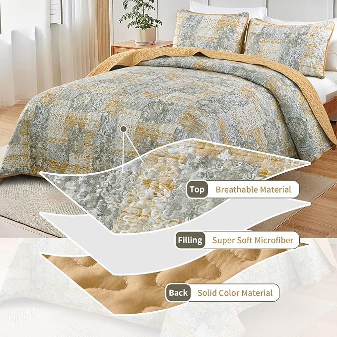 Mybedsoul Yellow Boho Quilt Set King Size 3 Pieces Grey and Yellow Plaid Floral - Image 3