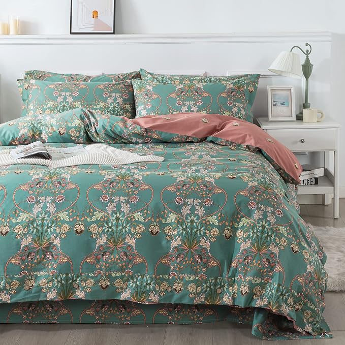FADFAY Floral Duvet Cover Queen Button Closure 100% Cotton 600 TC Teal - Image 8
