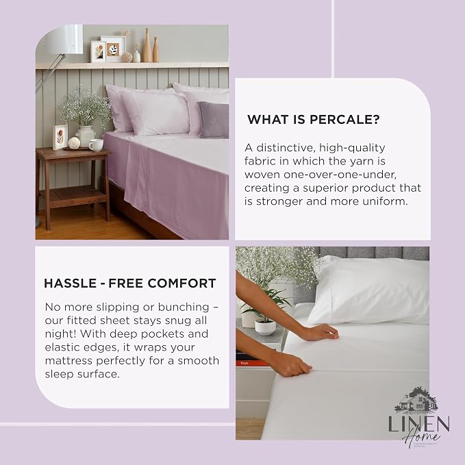 Linen Home 100% Cotton Percale Weave Fitted Sheet, Full Size, Iris Lilac - Image 4