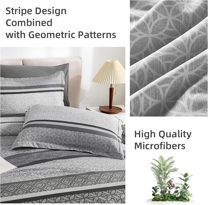 WONGS BEDDING Grey Comforter Set King Size, 7 Pieces Striped Bed in a Bag - Image 8