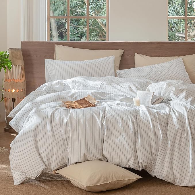 MooMee Striped Duvet Cover Set 100% Washed Cotton Linen Like Textured - Image 6