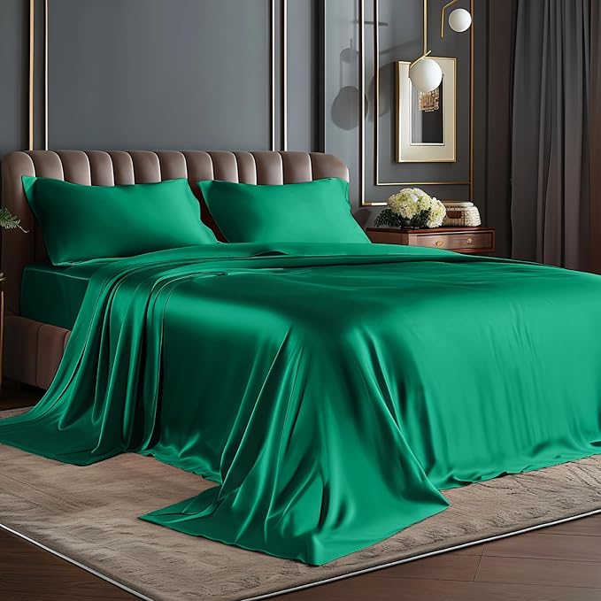 BEDELITE King Size Sheets Set, Luxury Soft Dark Green Satin Sheets by BEDELITE