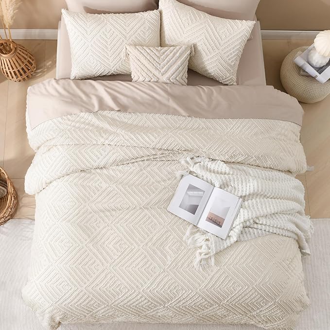 Andency Beige Boho Full Size Comforter Set, 3 Pieces Chevron Tufted Farmhouse - Image 7