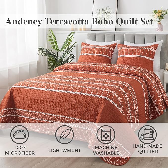 Andency Terracotta Quilts Queen Size, 3 Pieces Queen Quilt Bedding Set Boho - Image 2