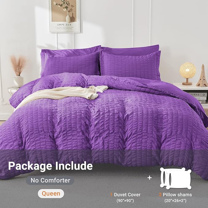 HYMOKEGE Dark Purple Duvet Cover King Size, Ultra Soft 3-Piece Seersucker Duvet - Image 5