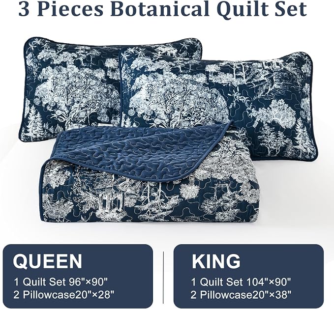 WONGS BEDDING Quilt Set King Size, 3 Pieces Navy Blue Botanical Floral Printed - Image 7