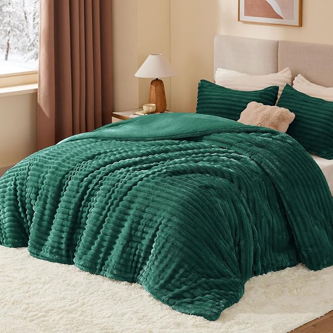 BEDELITE Fleece Queen Comforter Set -Super Soft & Warm Fluffy Dark Green Bedding - Image 2