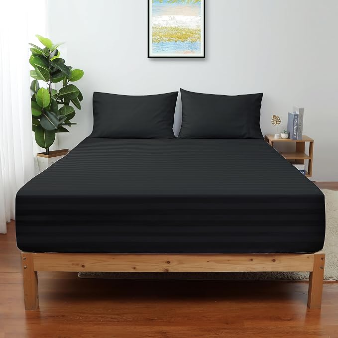 King Size Striped Fitted Sheet Only Black Color, 100% Egyptian Cotton 600 by ShunjieHome