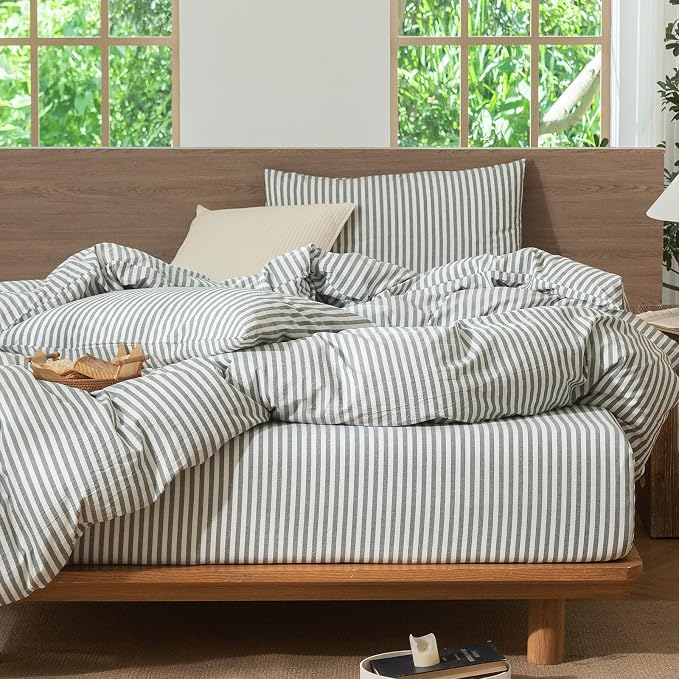 MooMee Striped Duvet Cover Set 100% Washed Cotton Linen Like Textured - Image 4