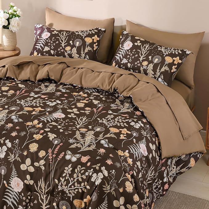 Yiran Brown Comforter Set Queen Size, 7 Piece Floral Comforter Bedding Set - Image 5