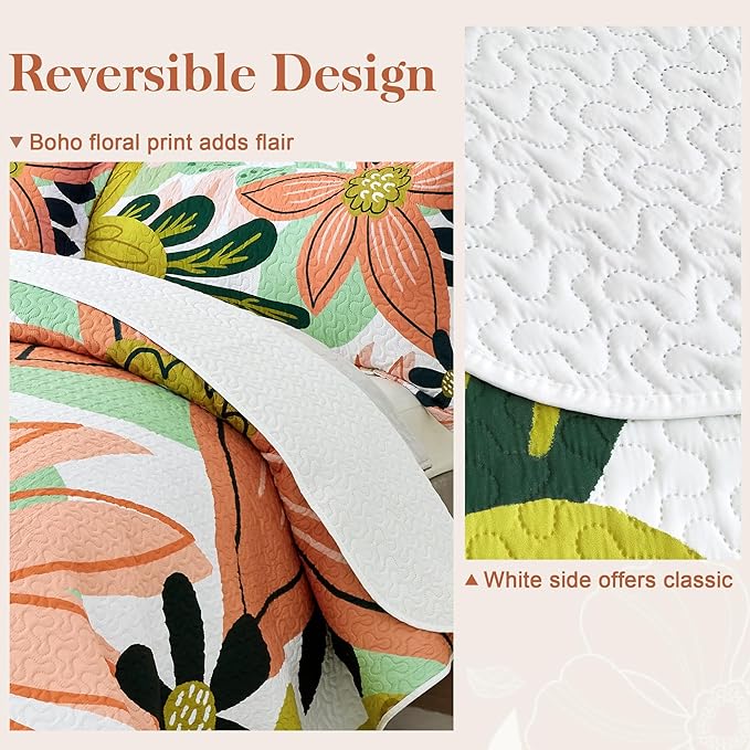 Tyrot 3 Piece Boho Floral Californial King Size Quilt Sets Farmhouse Reversible - Image 3