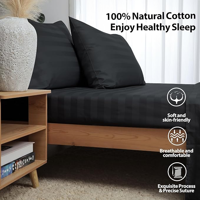 King Size Striped Fitted Sheet Only Black Color, 100% Egyptian Cotton 600 - Image 3