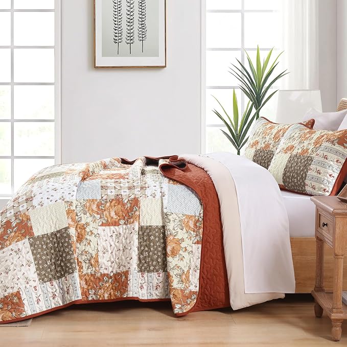 Patchwork Quilts Set Queen Size 3 Pieces Terracotta Plaid Bedspread Coverlet Set - Image 4