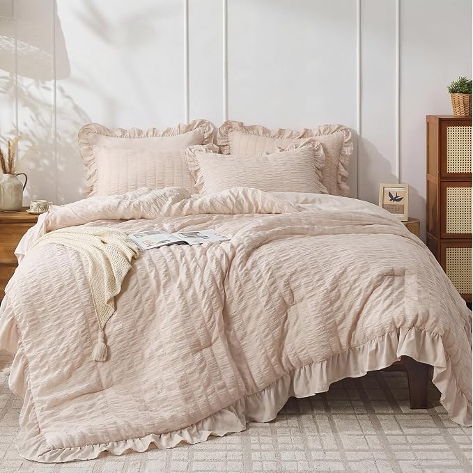 JOLLYVOGUE Beige Comforter Full Size, 3 Pieces Seersucker Lightweight Full Size by JOLLYVOGUE