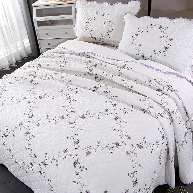 Quilt Set Purple Floral 3D Embroidery Pattern 2 PCS 100% Cotton Reversible by ROOMLIFE
