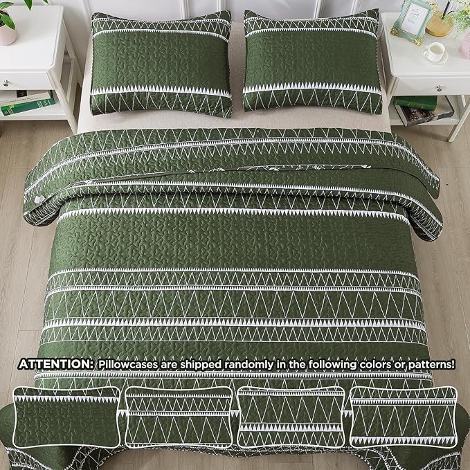 Andency Green King Size Quilt Set, 3 Pieces Boho Lightweight Soft Striped - Image 6