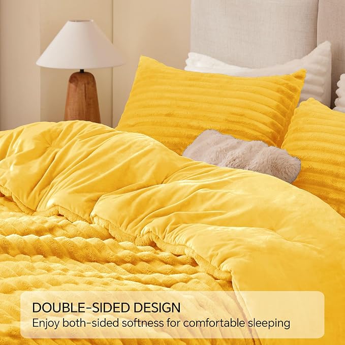 BEDELITE Fleece King Comforter Set -Super Soft & Warm Fluffy Bright Yellow - Image 5