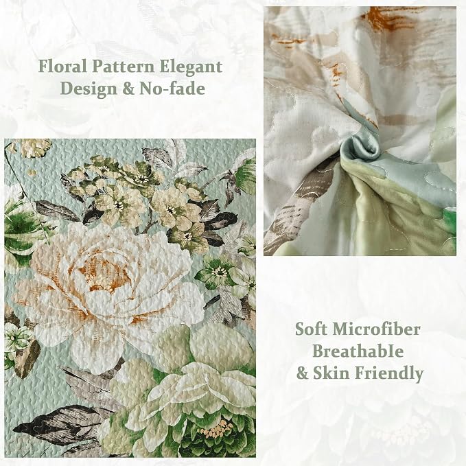 WONGS BEDDING Floral Quilt Set Queen, Sage Green 3 Pieces Elegant Flower - Image 4