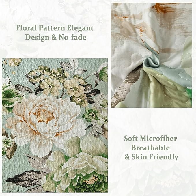 WONGS BEDDING Sage Green Floral Quilt Set King, 3 Pieces Elegant Flower - Image 4