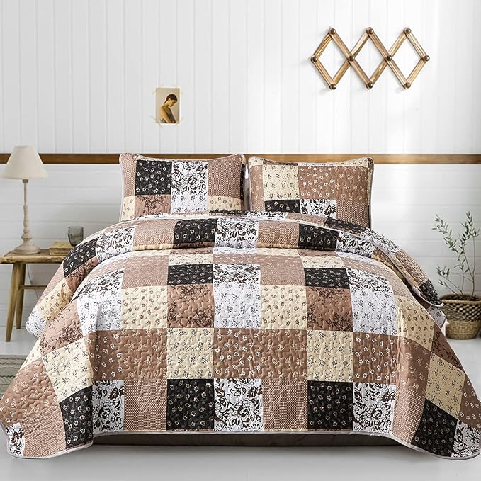 Mybedsoul Brown Quilt Set Twin Size, 2 Pieces Plaid Floral Bedspread Set by Mybedsoul
