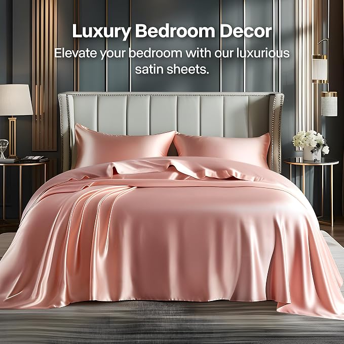 BEDELITE Satin Sheets Twin XL Size Bed Set, Luxury Soft Rose Pink Silky Sheet - Image 2