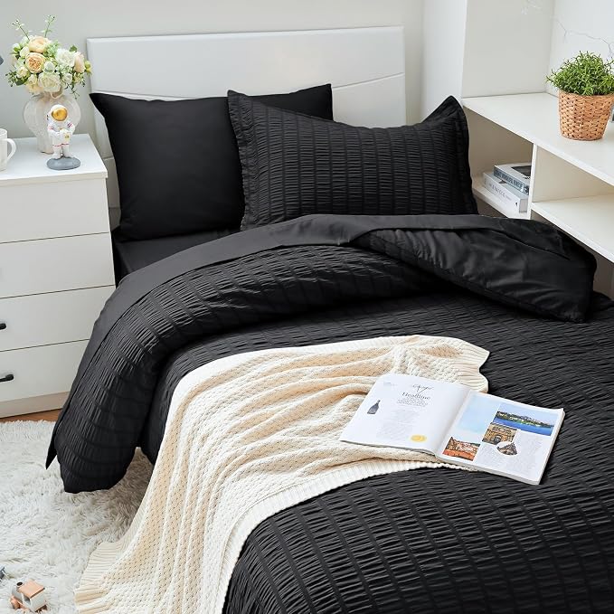 HYMOKEGE Black Twin XL Comforter Set Seersucker 5 Pieces, All Season Luxury Bed - Image 2