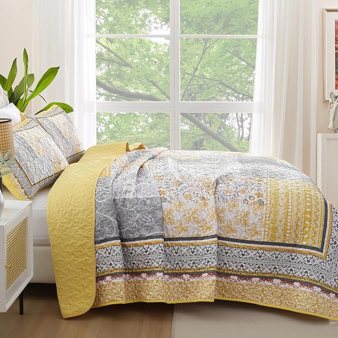 WONGS BEDDING Yellow Quilt Set King Size, Bohemian Patchwork Bedspread Coverlet - Image 3