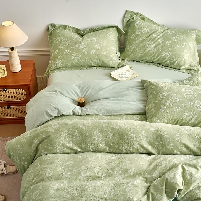 mixinni 100% Washed Cotton Cover Set, Reversible Vintage Green Floral Butterfly - Image 6
