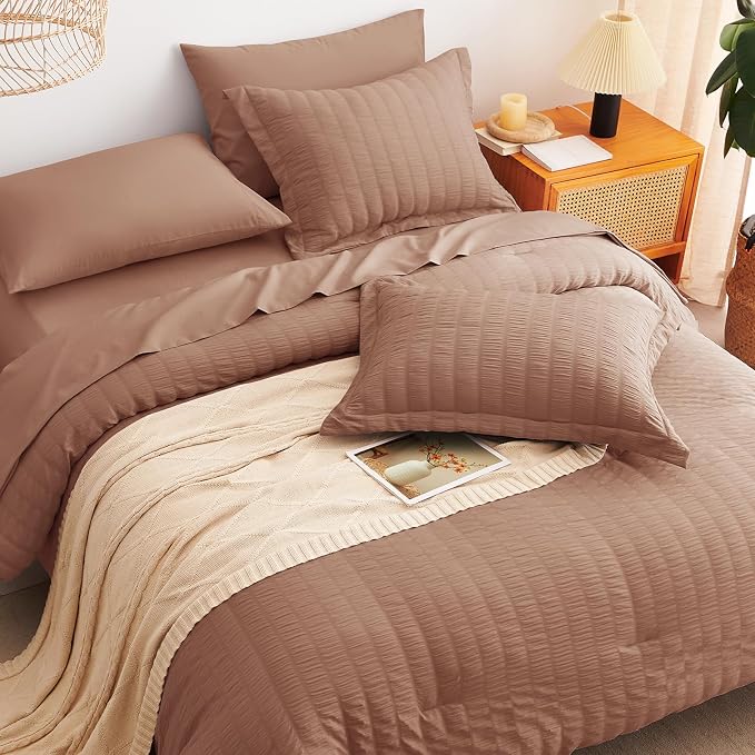 CozyLux King Size Comforter Set Mocha Mousse Seersucker 7 Pieces Bed in a Bag - Image 6