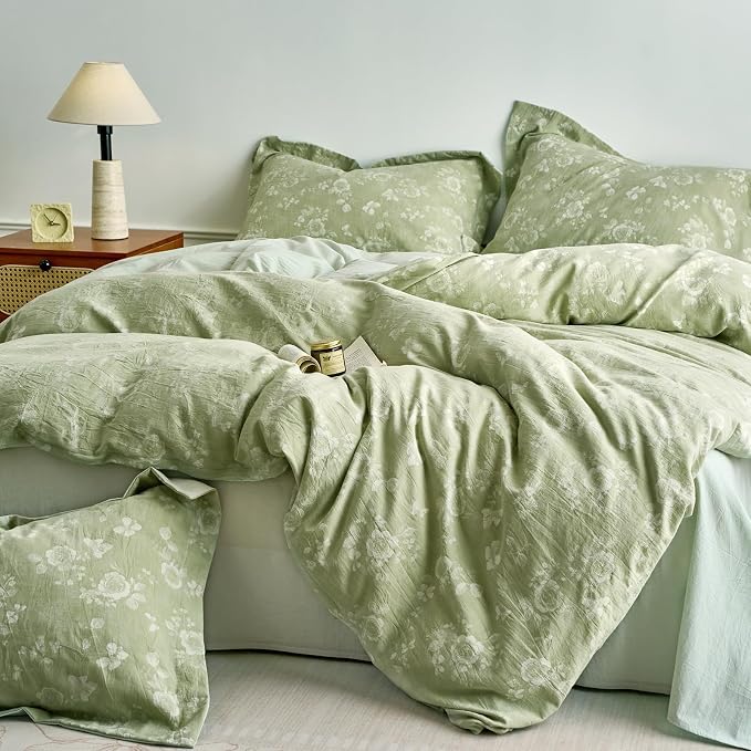 mixinni 100% Washed Cotton Cover Set, Reversible Vintage Green Floral Butterfly - Image 2