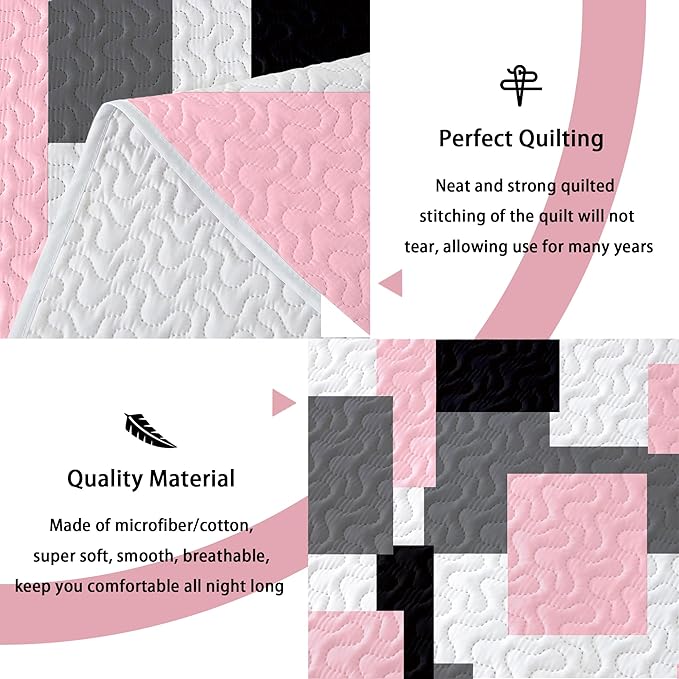 Tyrot 3 Piece Pink Grey Quilt Set King Size Pink Gray White Geometric - Image 4