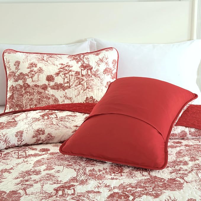WONGS BEDDING Botanical Quilt Set King Size, Christmas Red 3 Pieces Floral - Image 7