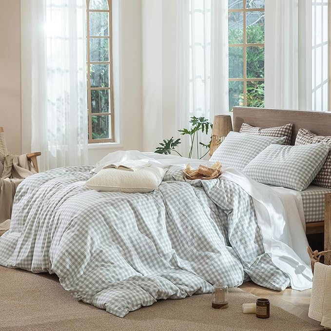 MooMee Gingham Duvet Cover Set 100% Washed Cotton Linen Like Textured - Image 3