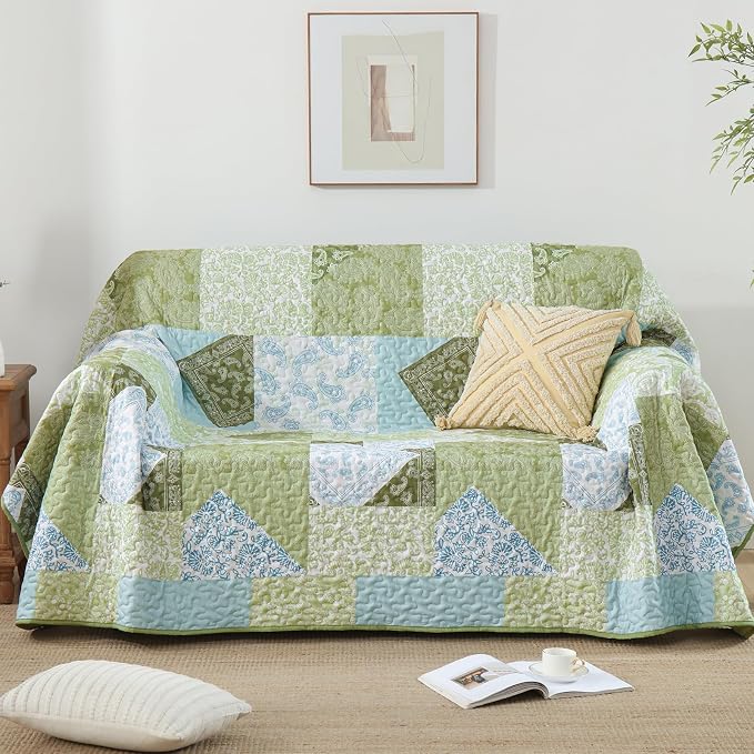 Mybedsoul Patchwork Quilt King Size, Soft Sage Green Paisley Floral King - Image 6
