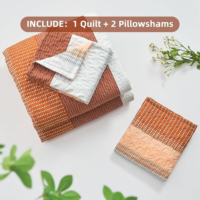 Andency Orange Quilt King, 3 Pieces Patchwork Striped Bedspread Coverlet Set - Image 7