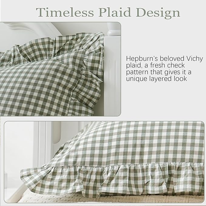 2 Pack Sage Green White Plaid Ruffle Pillow Shams Standard Size 20x26 inches - Image 6
