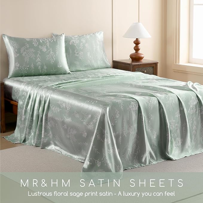 MR&HM Satin Bed Sheets with Elastic Corner Straps, Queen Size Sheets Set - Image 7