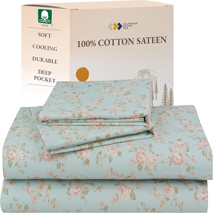 California Design Den Printed Pattern Rose Queen Sheet Set, 100% Cotton Sateen by CaliforniaDesignDen