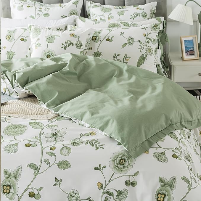 FADFAY Green Duvet Cover Set Twin Floral Bedding 100% Cotton Shabby Vintage - Image 9