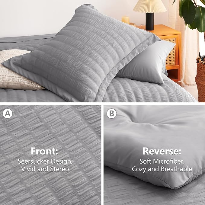 CozyLux Queen Comforter Set Grey Seersucker 7 Pieces Bed in a Bag Queen - Image 4