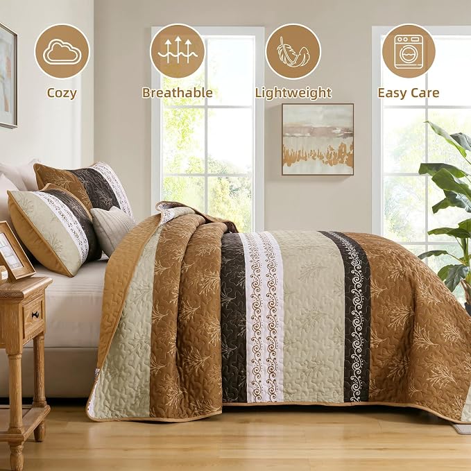DJY Brown Quilt Set Queen Striped Bedspread Coverlet Set 3 Pieces Boho Branch - Image 3