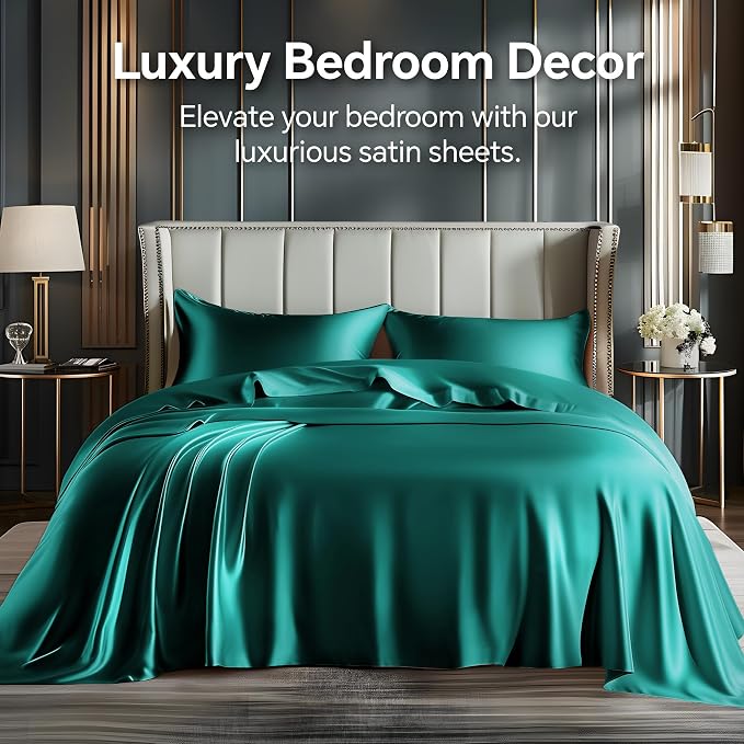 BEDELITE Satin Sheets Queen Size Bed Set, Luxury Soft Teal Silky Sheets - Image 2