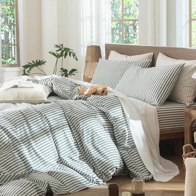 MooMee Striped Duvet Cover Set 100% Washed Cotton Linen Like Textured - Image 5