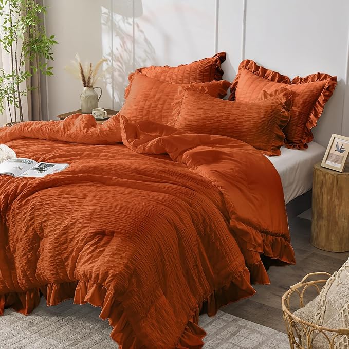 JOLLYVOGUE Burnt Orange Twin Size Comforter Set, 2 Pieces Seersucker - Image 2